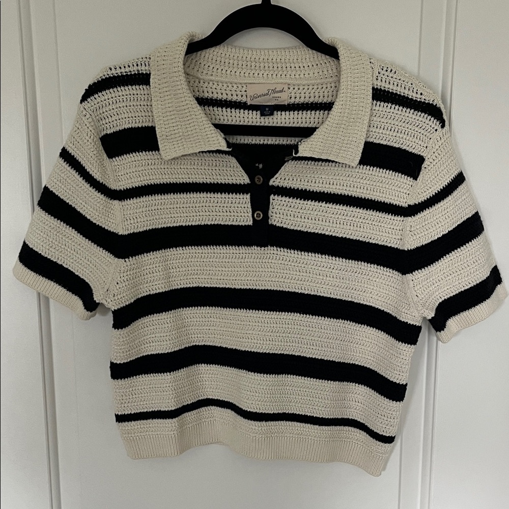 Universal Thread Cropped Knit Polo Sweater in Cream & Black Stripes